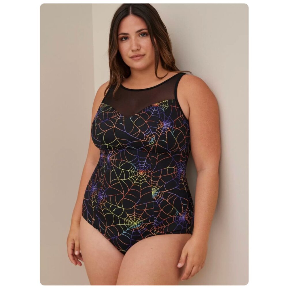 Torrid Wireless Mesh High Neck One Piece Swimsuit in Rainbow Webs Size 2